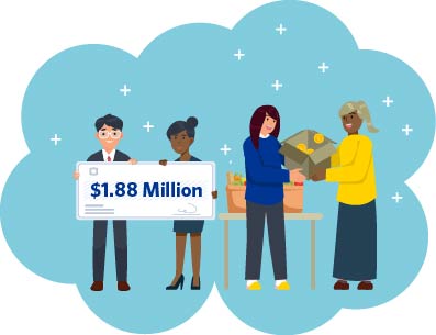 Cartoon of two people holding up a check reading "$1.88 Million"