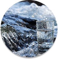 Glass of water by a river