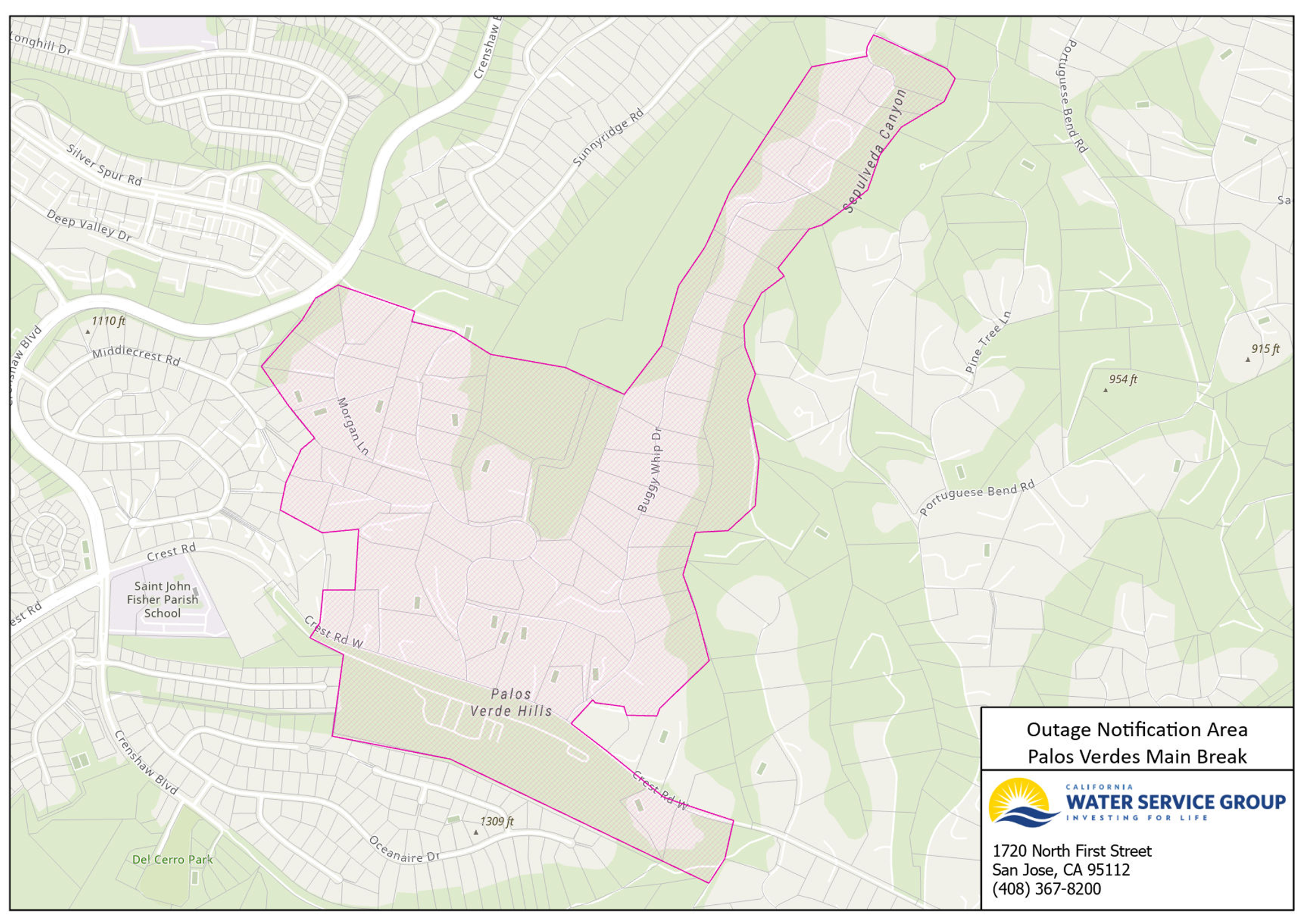 Map of affected service areas in Rolling Hills and Rolling Hills Estates